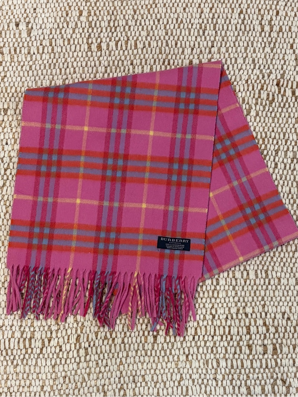 Burberry Pink “Raspberry” Check Plaid Cashmere Scarf